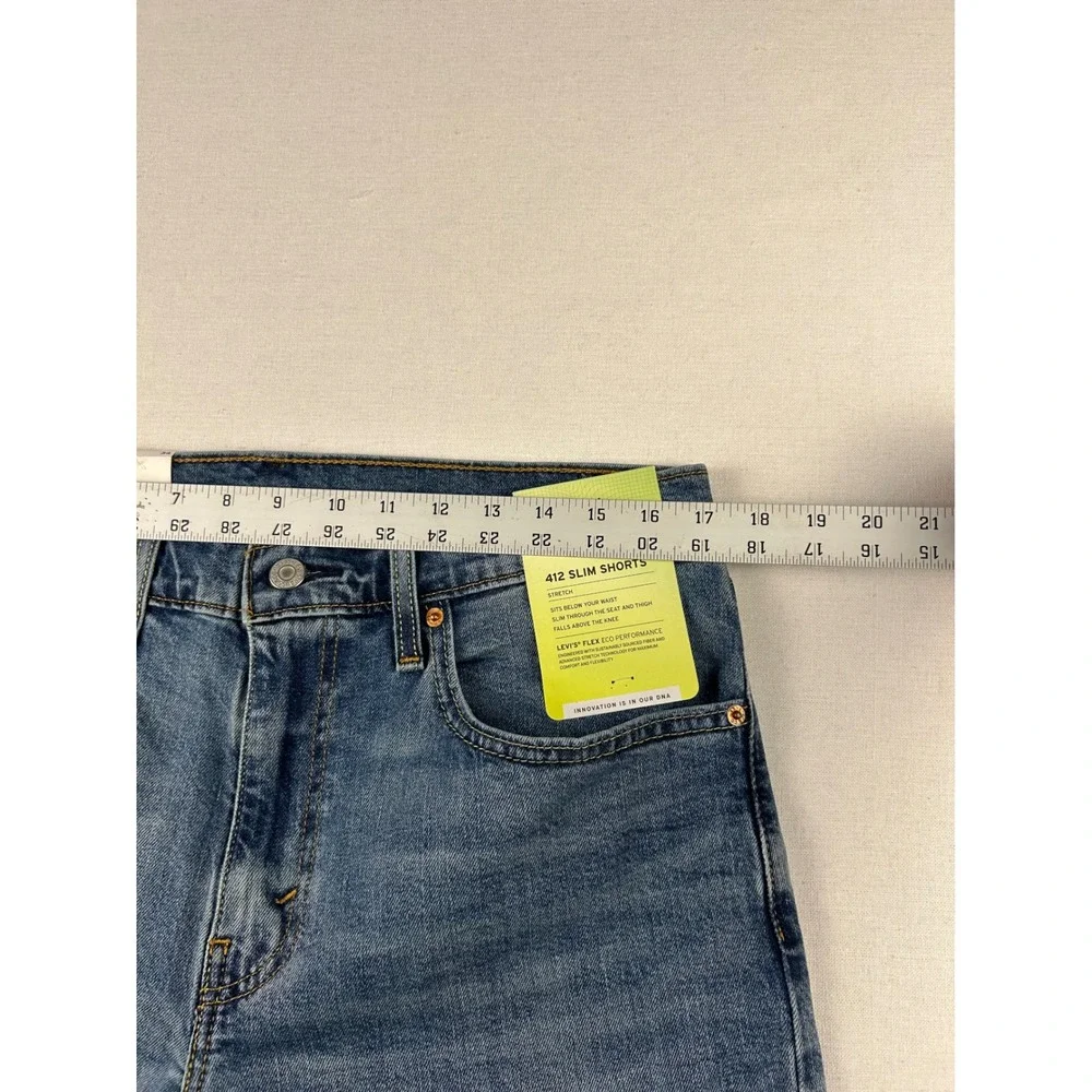 Levis 412 Slim Shorts Mens 34 Blue Denim Cut Off Raw Hem Performance Stretch NEW